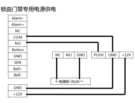 中控鎖由門禁專用電源供電連接示意圖